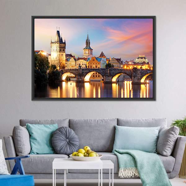 Charles Bridge At Night Canvas Wall Art-3 Horizontal-Gallery Wrap-25" x 16"-Tiaracle