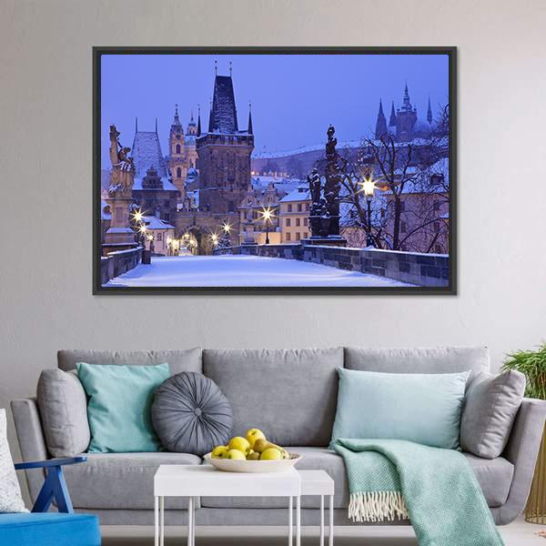 Charles Bridge In Winter Canvas Wall Art-1 Piece-Floating Frame-24" x 16"-Tiaracle