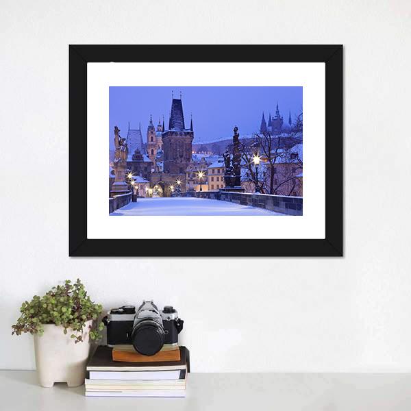 Charles Bridge In Winter Canvas Wall Art-1 Piece-Framed Print-20" x 16"-Tiaracle