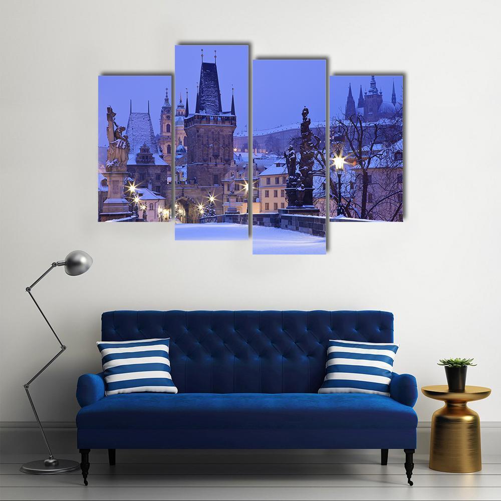 Charles Bridge In Winter Canvas Wall Art-4 Pop-Gallery Wrap-50" x 32"-Tiaracle