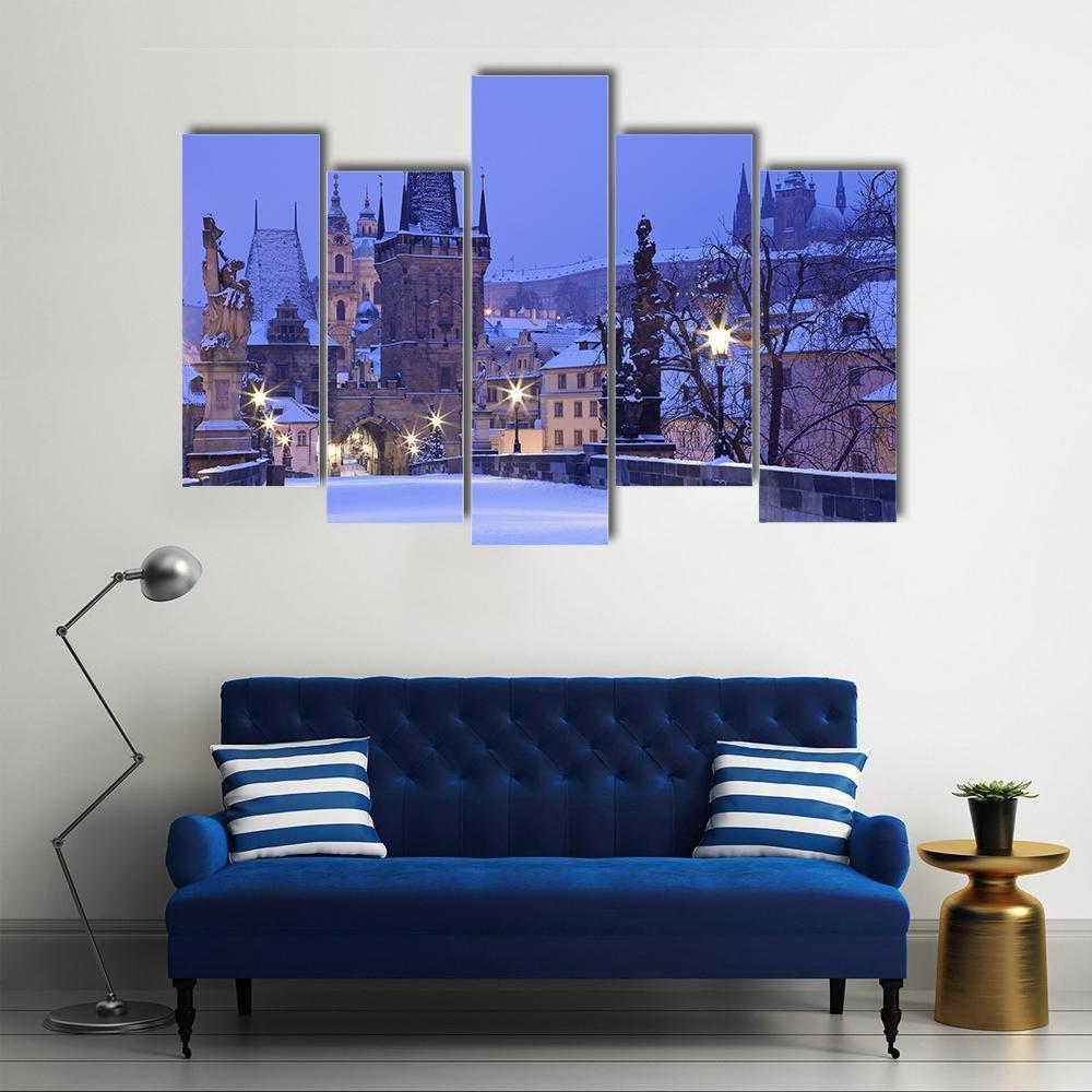 Charles Bridge In Winter Canvas Wall Art-5 Pop-Gallery Wrap-47" x 32"-Tiaracle