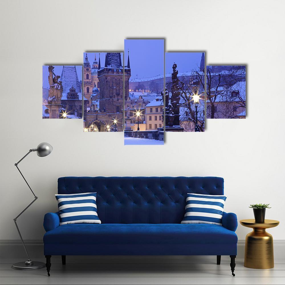 Charles Bridge In Winter Canvas Wall Art-5 Star-Gallery Wrap-62" x 32"-Tiaracle