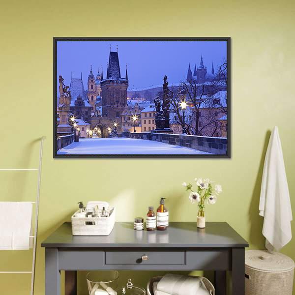 Charles Bridge In Winter Canvas Wall Art-3 Horizontal-Gallery Wrap-25" x 16"-Tiaracle