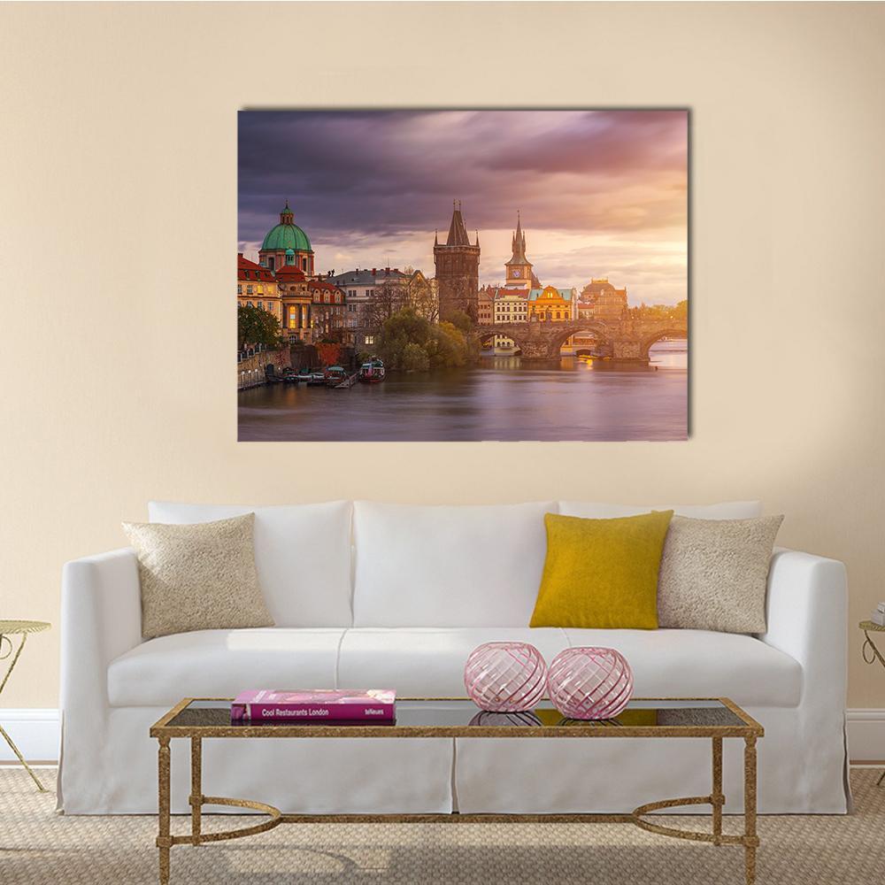 Aerial View of Old Town Pier Canvas Wall Art in brown, yellow and purple, single panel hung on a wall