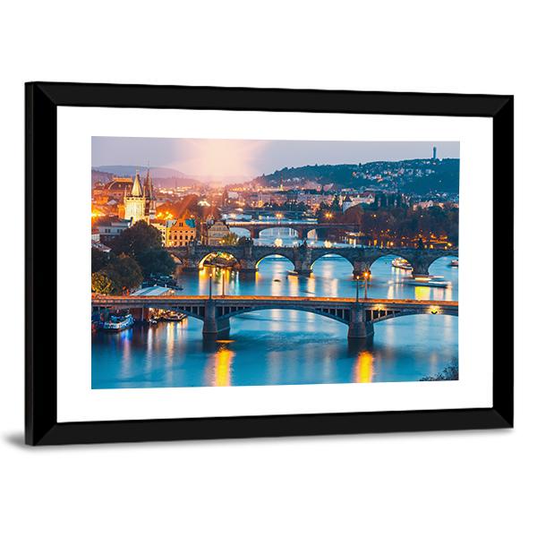 Charles Bridge &amp; Vltava River Canvas Wall Art-5 Horizontal-Gallery Wrap-22" x 12"-Tiaracle
