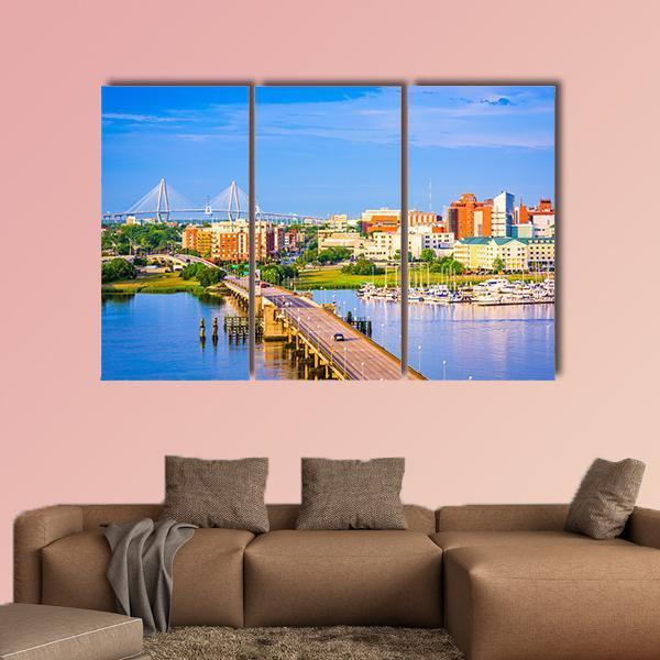 Charleston Skyline &amp; Ashley River Canvas Wall Art-3 Horizontal-Gallery Wrap-37" x 24"-Tiaracle