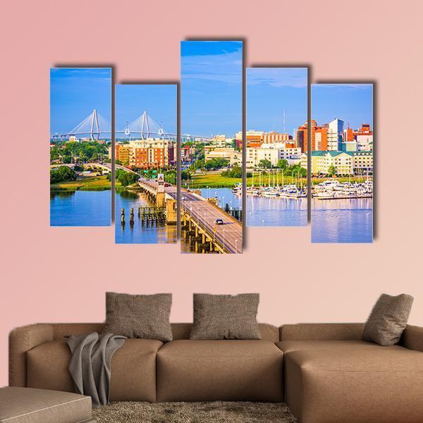 Charleston Skyline & Ashley River Canvas Wall Art-5 Pop-Gallery Wrap-47" x 32"-Tiaracle