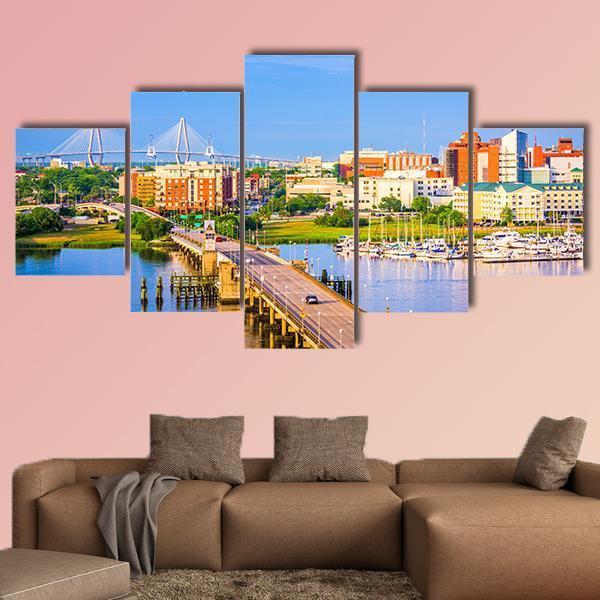 Charleston Skyline & Ashley River Canvas Wall Art-5 Star-Gallery Wrap-62" x 32"-Tiaracle