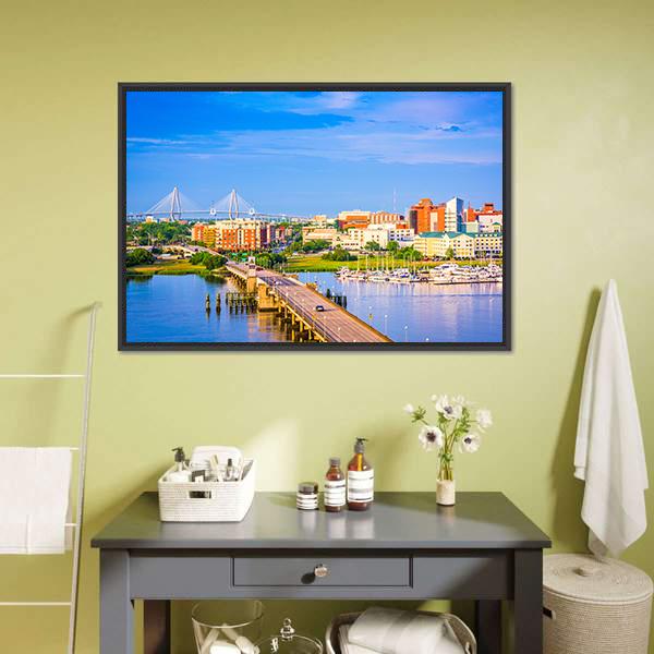 Charleston Skyline &amp; Ashley River Canvas Wall Art-3 Horizontal-Gallery Wrap-25" x 16"-Tiaracle