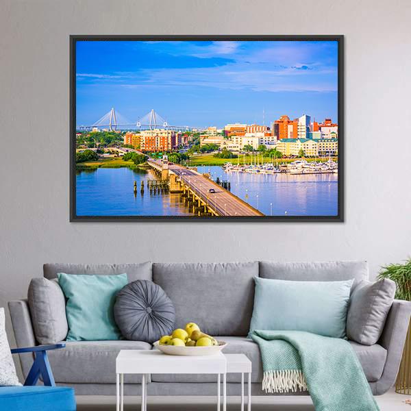 Charleston Skyline &amp; Ashley River Canvas Wall Art-1 Piece-Floating Frame-24" x 16"-Tiaracle
