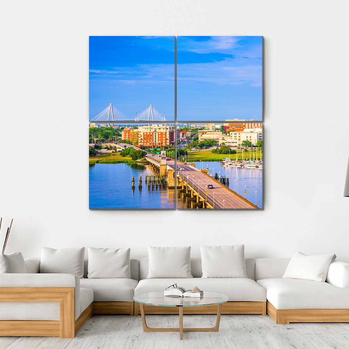 Charleston Skyline &amp; Ashley River Canvas Wall Art-4 Square-Gallery Wrap-17" x 17"-Tiaracle