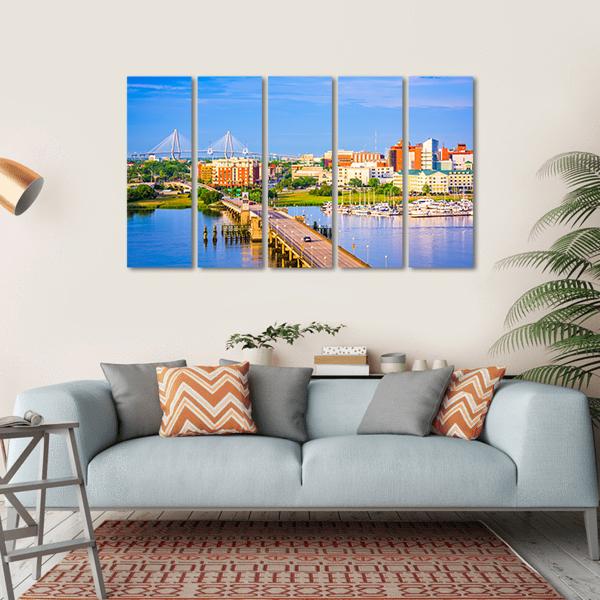 Charleston Skyline &amp; Ashley River Canvas Wall Art-5 Horizontal-Gallery Wrap-22" x 12"-Tiaracle