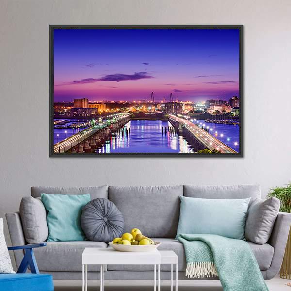 Charleston Skyline Canvas Wall Art-1 Piece-Floating Frame-24" x 16"-Tiaracle