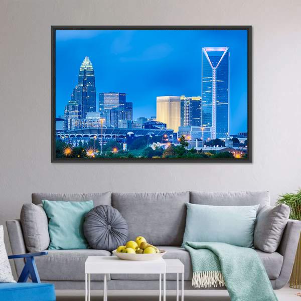 Charlotte Financial District Canvas Wall Art-1 Piece-Floating Frame-24" x 16"-Tiaracle