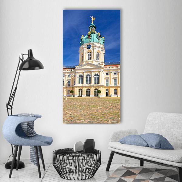 Charlottenburg Palace, Berlin Vertical Canvas Wall Art in beige, yellow and blue, single vertical panel hung on a wall