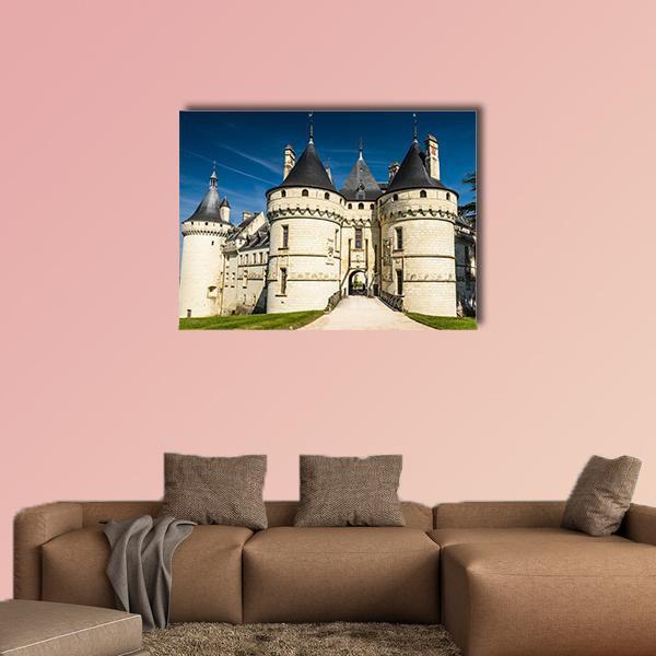 Chateau De Chaumont Canvas Wall Art in gray, beige and blue, single panel hung on a wall