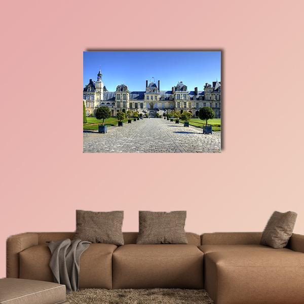 Chateau De Fontainebleau Canvas Wall Art in gray, beige and blue, single panel hung on a wall