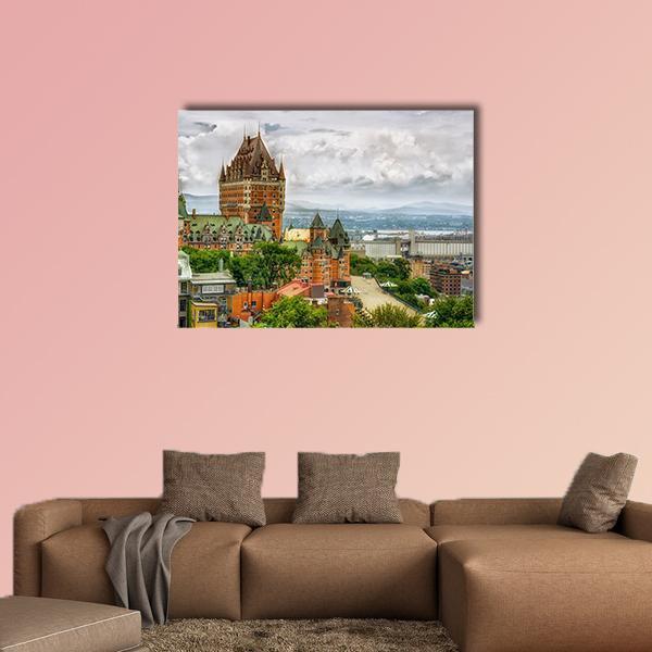 Château Frontenac Aerial View Quebec Canvas Wall Art in gray, brown and green, single panel hung on a wall