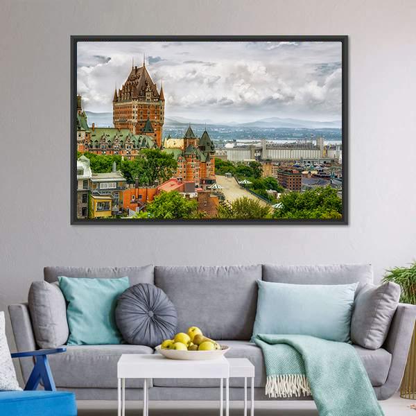 Château Frontenac Aerial View Quebec Canvas Wall Art in gray, brown and green, framed canvas, product view on a white background