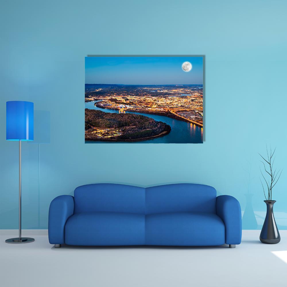 Chattanooga Downtown at Night Canvas Wall Art in black, orange and blue, single panel hung on a wall