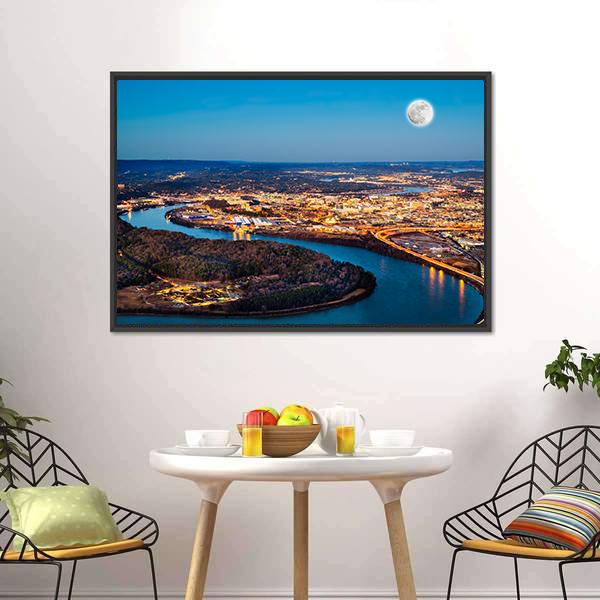 Chattanooga Downtown at Night Canvas Wall Art in black, orange and blue, framed canvas, product view on a white background