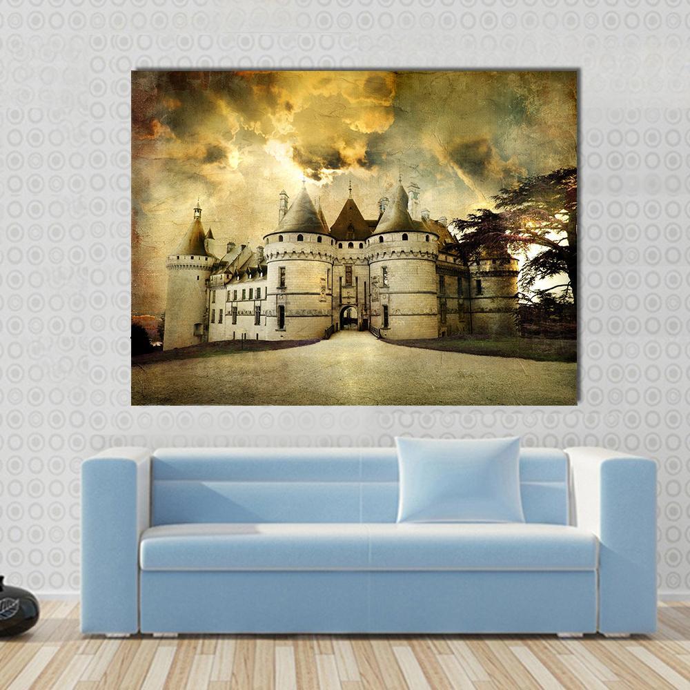 Chaumont Castle Canvas Wall Art in beige, brown and yellow, single panel hung on a wall
