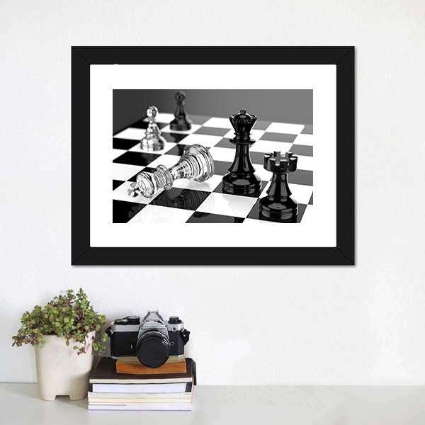 Checkmate With Black And White Board And Glass Pieces Canvas Wall Art-5 Horizontal-Gallery Wrap-22&quot; x 12&quot;-Tiaracle