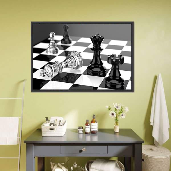 Checkmate With Black And White Board And Glass Pieces Canvas Wall Art-5 Horizontal-Gallery Wrap-22" x 12"-Tiaracle