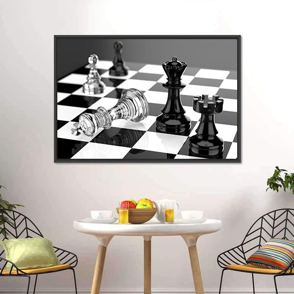 Checkmate With Black And White Board And Glass Pieces Canvas Wall Art-5 Horizontal-Gallery Wrap-22" x 12"-Tiaracle