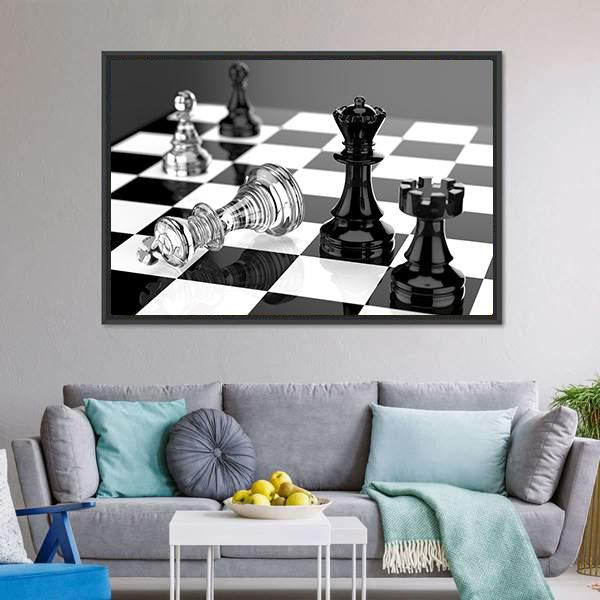 Checkmate with Black & White Board Canvas Wall Art in black, white and gray, framed canvas, product view on a white background