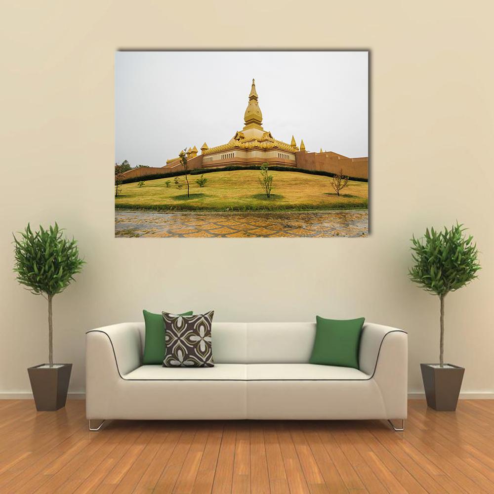 Golden Pagoda at Chedi Maha Mongkol Bua Canvas Wall Art in white, gold and yellow, single panel hung on a wall