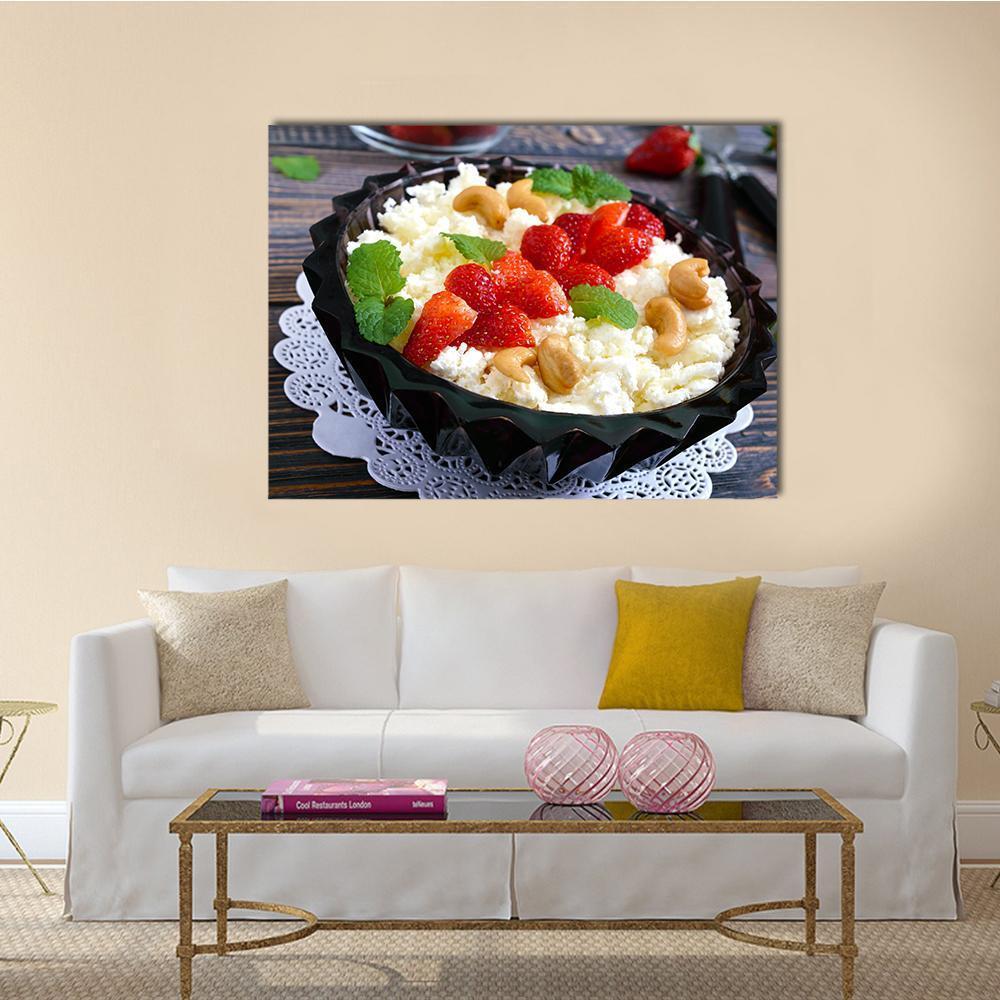 Cottage Cheese with Strawberries and Cashews Canvas Wall Art in black, white and red, single panel hung on a wall