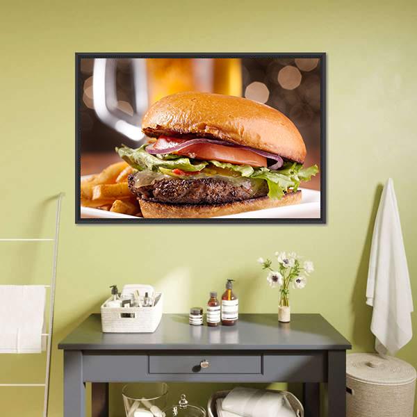 Classic Cheeseburger Close-up Canvas Wall Art in brown, orange and yellow, framed canvas, product view on a white background
