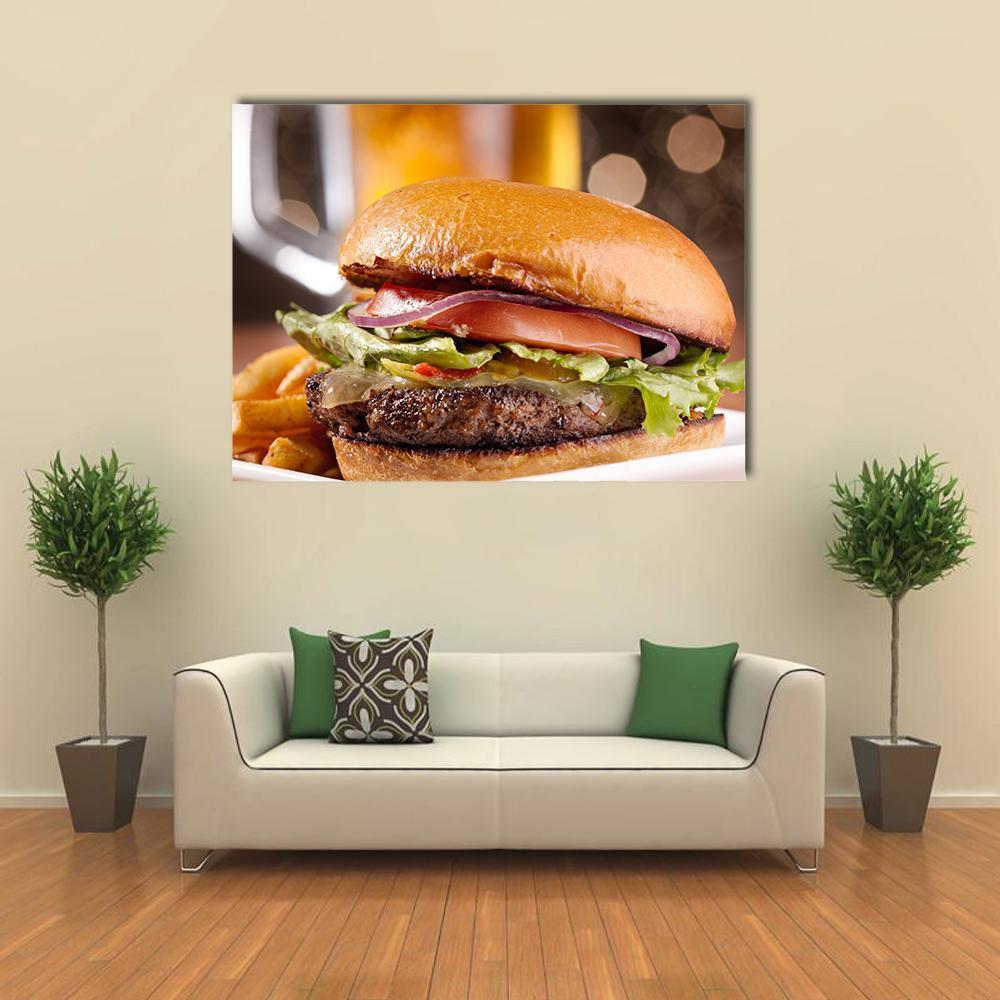 Classic Cheeseburger Close-up Canvas Wall Art in brown, orange and yellow, single panel hung on a wall
