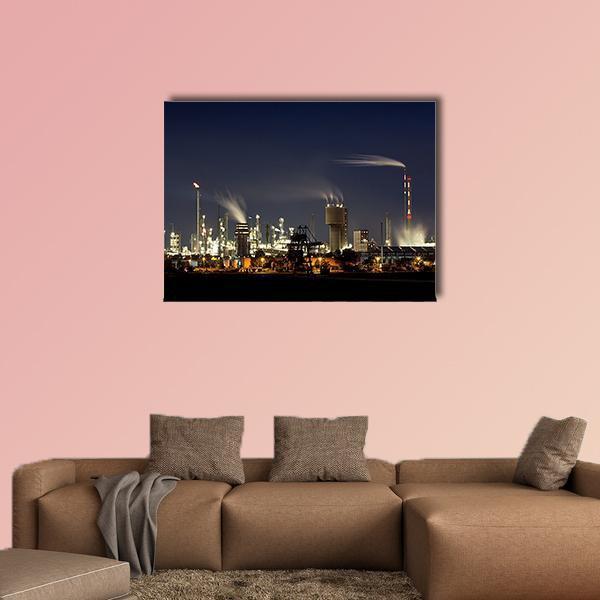 Chemical Factory in Ludwigshafen Canvas Wall Art in black, yellow and navy, single panel hung on a wall