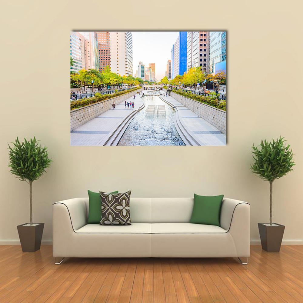 Cheonggyecheon Stream in Seoul Canvas Wall Art in white, gray and blue, single panel hung on a wall