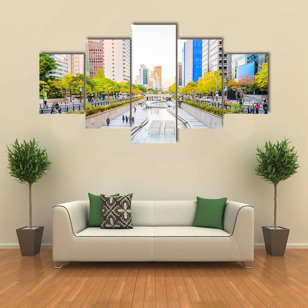 Cheonggyecheon Stream Canvas Wall Art-5 Star-Gallery Wrap-62" x 32"-Tiaracle