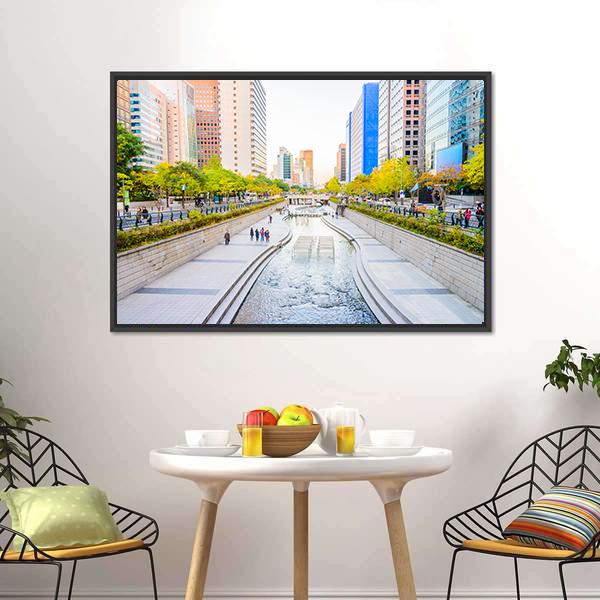 Cheonggyecheon Stream Canvas Wall Art-1 Piece-Floating Frame-24" x 16"-Tiaracle