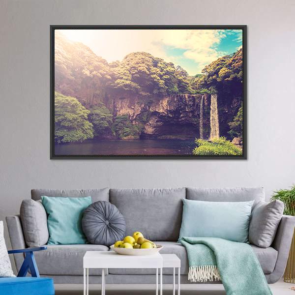 Cheonjiyeon Waterfall Canvas Wall Art-1 Piece-Floating Frame-24" x 16"-Tiaracle