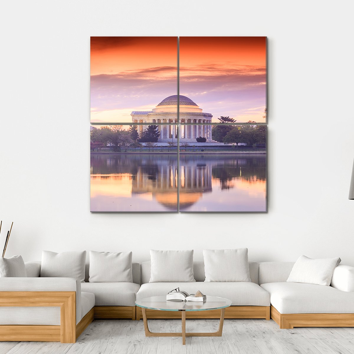 Jefferson Memorial Sunset Reflection Canvas Wall Art in orange, purple and pink, hung on a wall