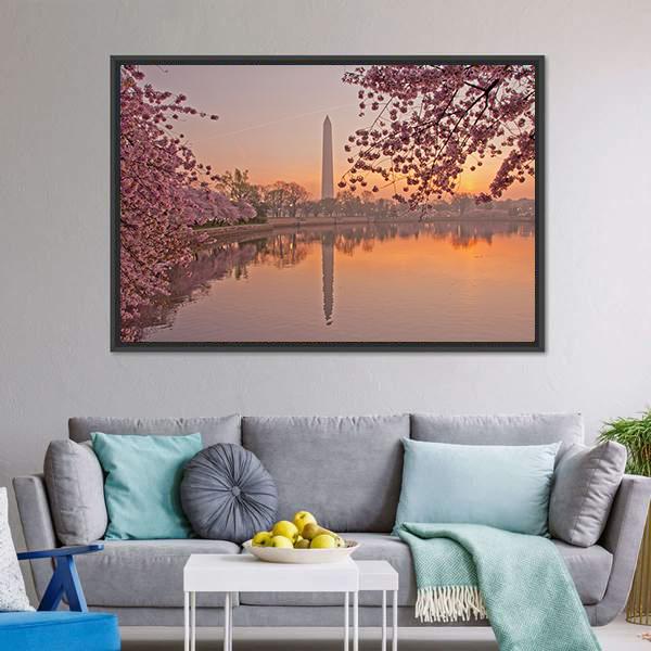 Tidal Basin Cherry Blossoms at Sunrise Canvas Wall Art in brown, orange and pink, framed canvas, product view on a white background