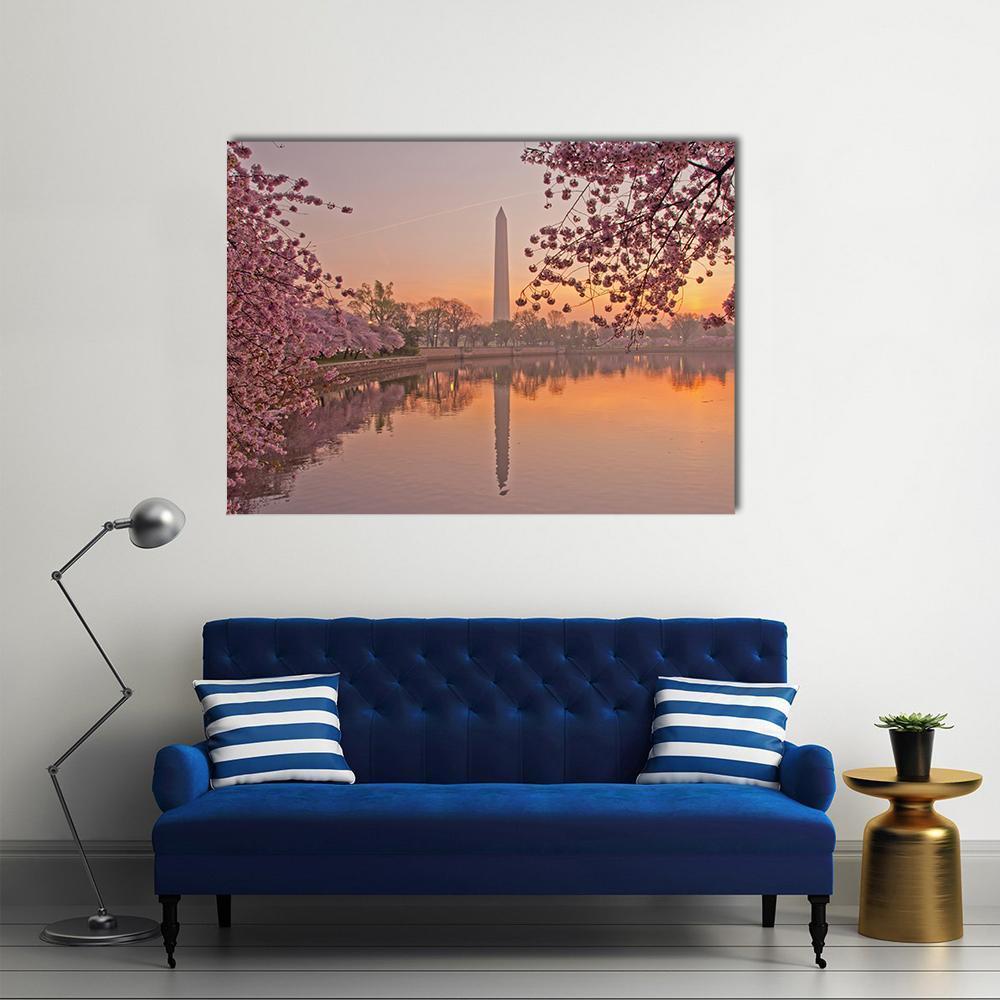 Tidal Basin Cherry Blossoms at Sunrise Canvas Wall Art in brown, orange and pink, single panel hung on a wall