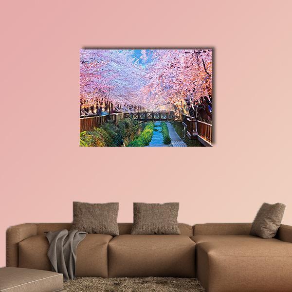 Cherry Blossoms At Night Canvas Wall Art-1 Piece-Gallery Wrap-48" x 32"-Tiaracle