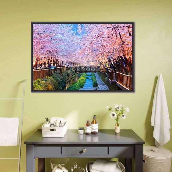 Cherry Blossoms At Night Canvas Wall Art-3 Horizontal-Gallery Wrap-25" x 16"-Tiaracle