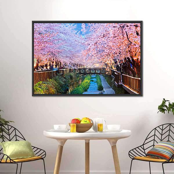 Cherry Blossoms At Night Canvas Wall Art-3 Horizontal-Gallery Wrap-25" x 16"-Tiaracle