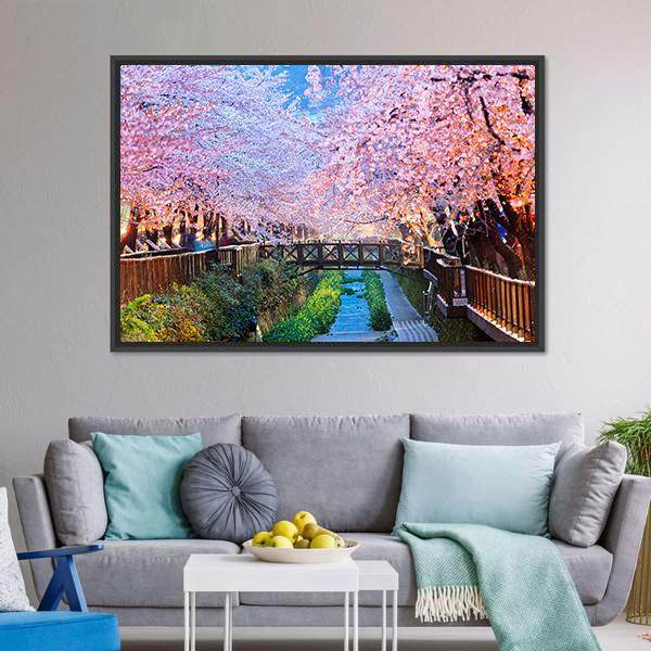 Cherry Blossoms At Night Canvas Wall Art-1 Piece-Floating Frame-24" x 16"-Tiaracle