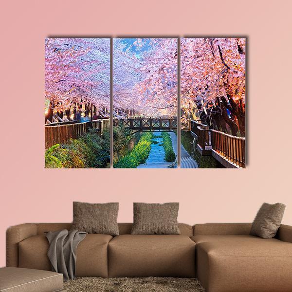 Cherry Blossoms At Night Canvas Wall Art-5 Pop-Gallery Wrap-47" x 32"-Tiaracle