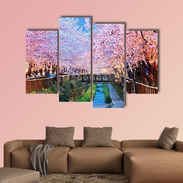 Cherry Blossoms At Night Canvas Wall Art-4 Pop-Gallery Wrap-50" x 32"-Tiaracle