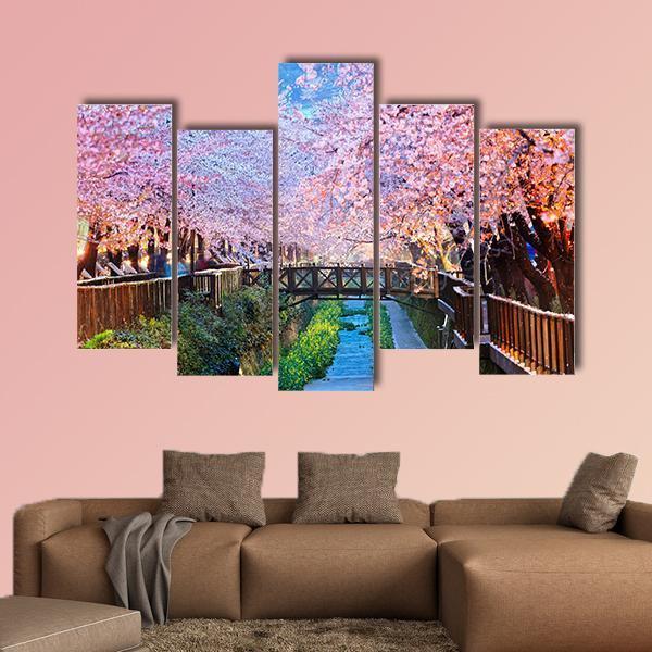 Cherry Blossoms At Night Canvas Wall Art-5 Pop-Gallery Wrap-47" x 32"-Tiaracle