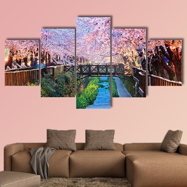 Cherry Blossoms At Night Canvas Wall Art-5 Star-Gallery Wrap-62" x 32"-Tiaracle
